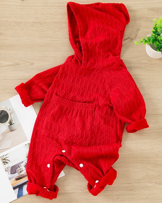 【3M-24M】Unisex Baby Cute Christmas Red Jacquard Small Pocket Hooded Jumpsuit