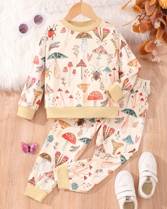 【2Y-7Y】2-piece Kids Cute Colorful Dinosaur Animal Plant Print Round Neck Sweatshirt And Pants Set