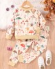 【2Y-7Y】2-piece Kids Cute Colorful Dinosaur Animal Plant Print Round Neck Sweatshirt And Pants Set