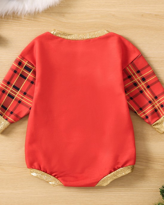 【3M-18M】Baby Girl Cute Plaid Christmas Santa Claus Print Romper