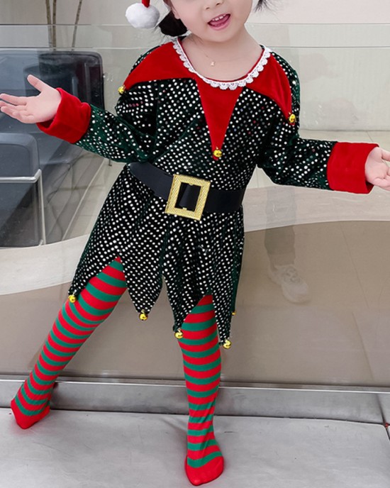 【12M-10Y】Girl Cute Christmas-themed Sequined Irregular Dress Including Santa Hat And Socks