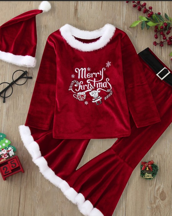 【12M-7Y】3-piece Girls Sweet Red Velvet Christmas Print Plush Top And Flare Pants Set - 34252