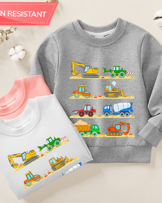 【12M-9Y】Boy Cotton Stain Resistant Excavator Bulldozers Print Long Sleeve Sweatshirt