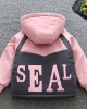 【18M-8Y】Girl Casual Velvet Keep Warm Letter Print Colorblock Hooded Jacket