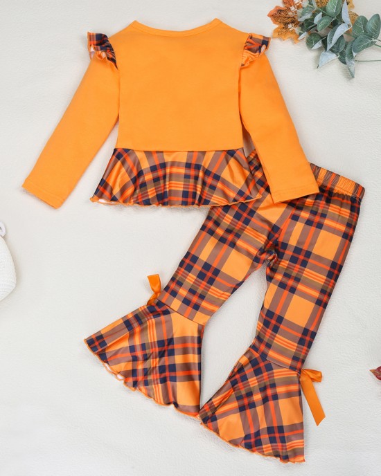 【12M-5Y】Girls Cute Halloween Print Long Sleeve T-shirt And Plaid Flare Pants Set - 34261