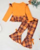 【12M-5Y】Girls Cute Halloween Print Long Sleeve T-shirt And Plaid Flare Pants Set - 34261