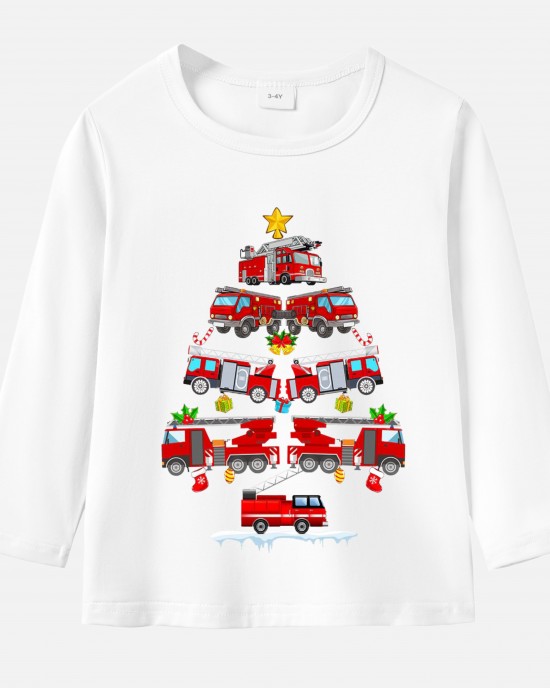 【12M-9Y】Unisex Fire Truck Christmas Tree Print Cotton Stain Resistant Long Sleeve T-shirt