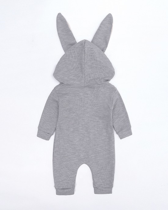 【0M-24M】Unisex Baby Cute Cotton Solid Color Rabbit Ears Hooded Zipper Romper