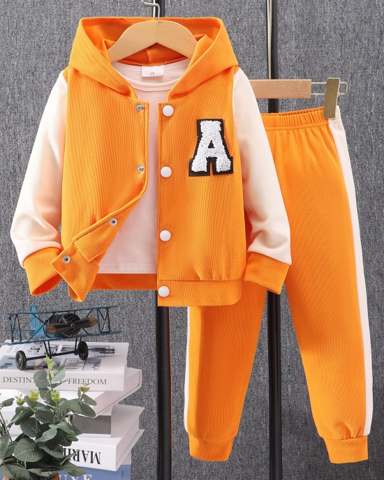 【18M-8Y】2-piece Unisex Letter Embroidered Colorblock Hooded Sports Coat And Pants Set - 34442