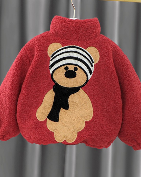 【12M-5Y】Unisex Cute Lamb Fleece Velvet Keep Warm Bear Embroidery High Neck Coat