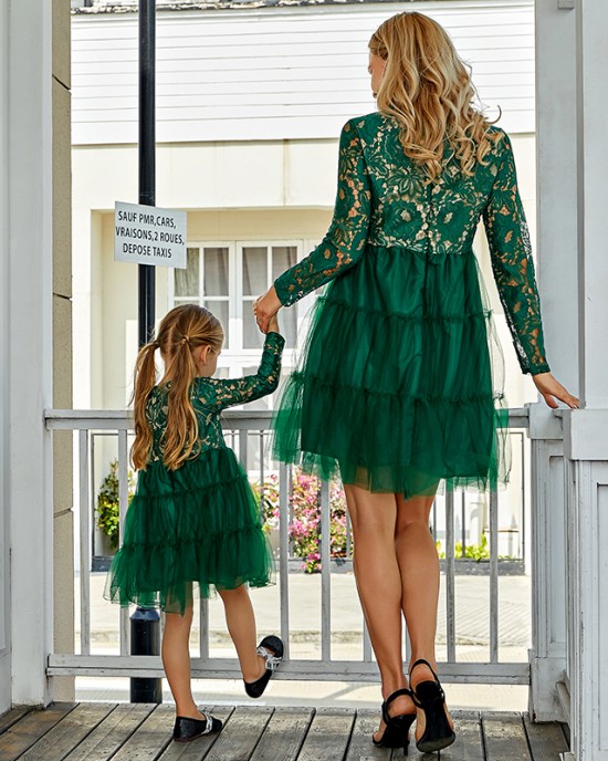 Mom Girl Lace Long Sleeve Dress - 1309