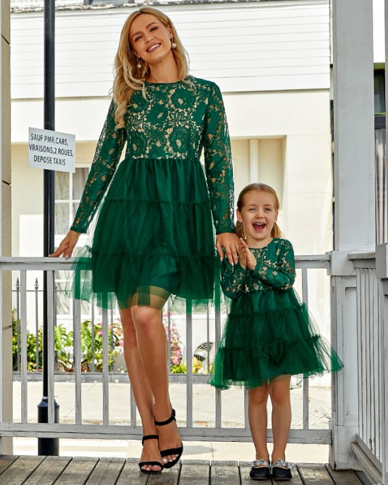 Mom Girl Lace Long Sleeve Dress - 1309