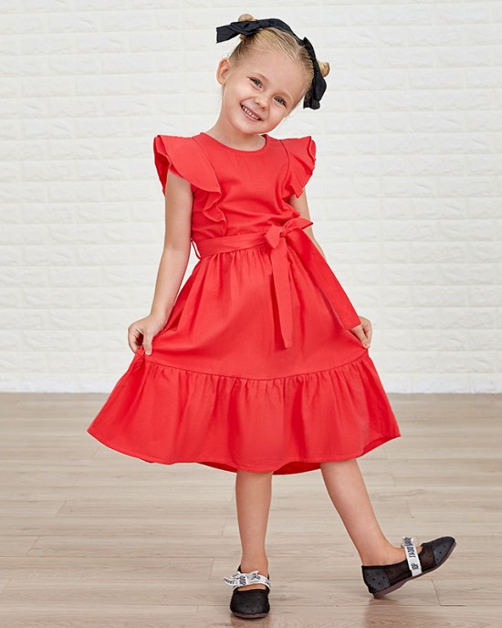 Cotton Solid Color Midi Mom Girl Matching Dress - 1362