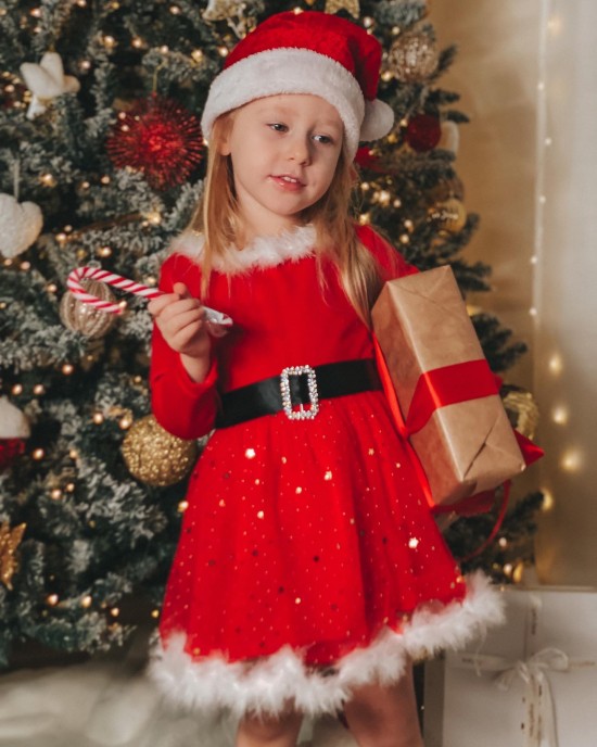 【18M-7Y】Girl Sweet Christmas Star Mesh Red Dress With Headband - 33228