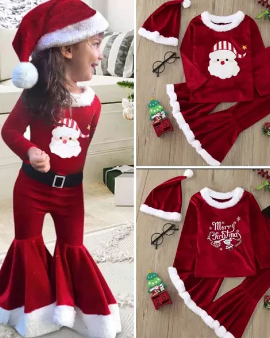 【12M-7Y】3-piece Girls Sweet Red Velvet Christmas Print Plush Top And Flare Pants Set - 34252