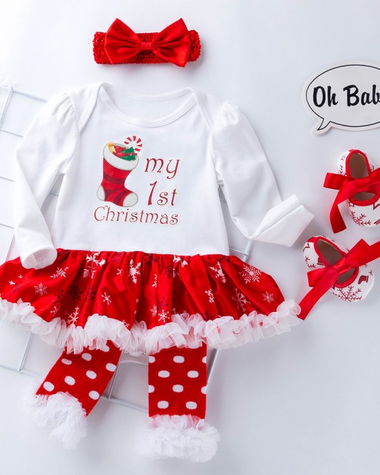 【0M-18M】Baby Girl 4-piece Christmas Romper Dress With Leggings, Shoes And Headband