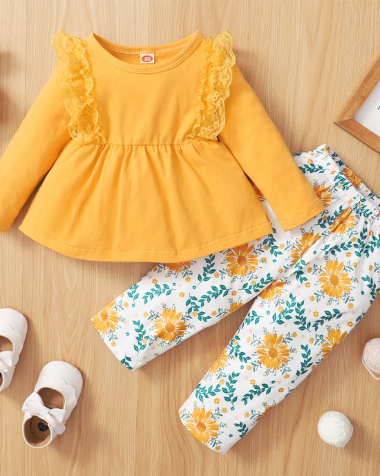 【6M-3Y】Baby Girl 2-piece Long Sleeve Top And Daisy Pants