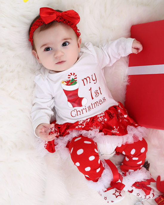 【0M-18M】Baby Girl 4-piece Christmas Romper Dress With Leggings, Shoes And Headband