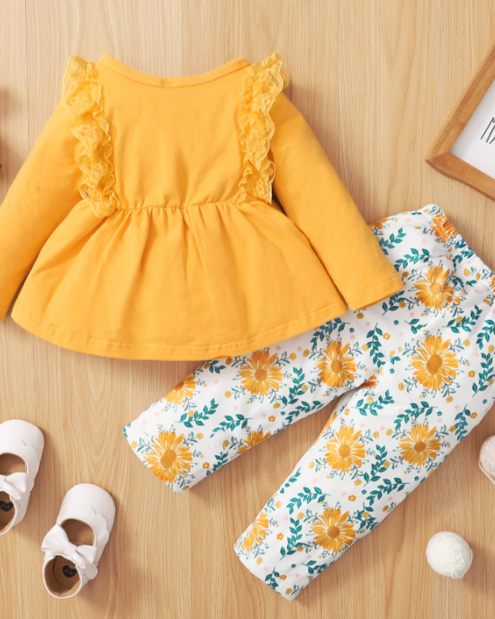 【6M-3Y】Baby Girl 2-piece Long Sleeve Top And Daisy Pants