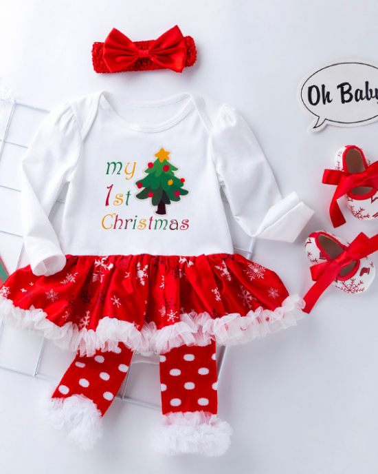 【0M-18M】Baby Girl 4-piece Christmas Romper Dress With Leggings, Shoes And Headband