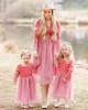 Classic Pink Velvet Mesh Long Sleeves Mom Girl Matching Dress - 13113