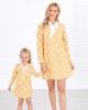 Sweet Long Sleeved Yellow Plaid and Flower Print Mom Girl Matching Dress