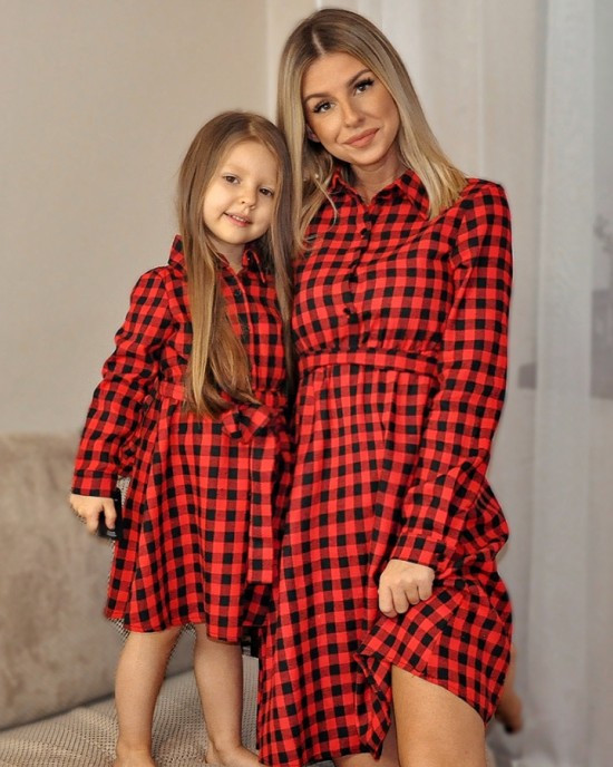 Classic Red Plaid Cotton Blends Long Sleeve Mom Girl Matching Dress - 1159