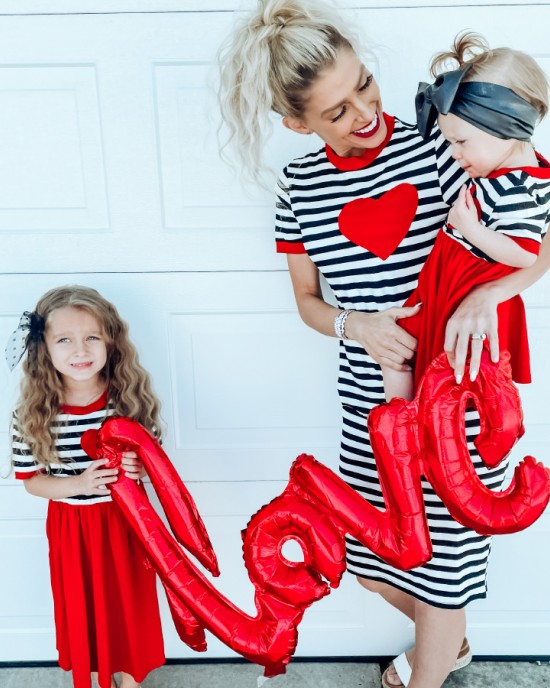 Casual Striped Red Heart-shaped Embroidery Family Matching Outfits - 1361