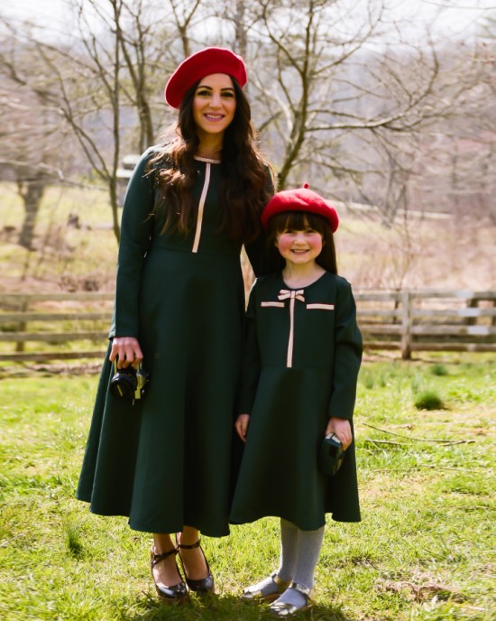 Elegant Golden Ribbon Green Long-sleeved Mom Girl Matching Dress - 13168