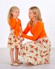 Sweet V-neck Long Sleeved Stitching Flower Orange Mom Girl Matching Dress