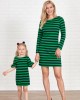 Casual Green Knitted Striped Round Neck Long Sleeves Mom Girl Matching Dress