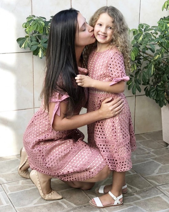 Pure Color Hollow Out Short Sleeve Mom Girl Matching Dress - 1357