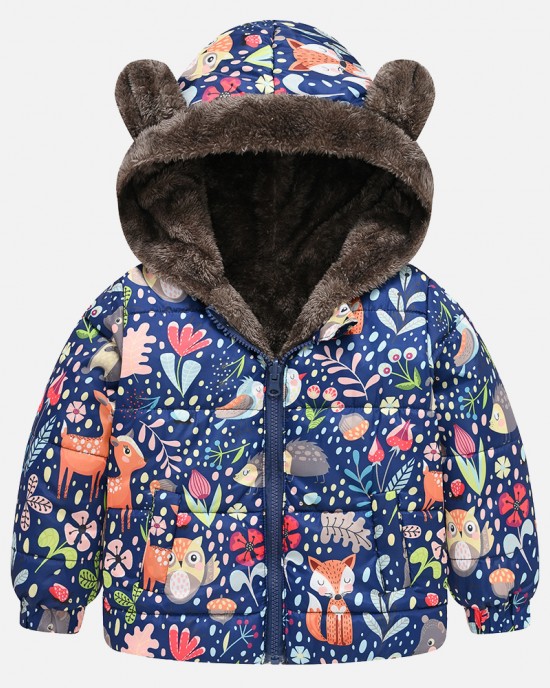 【18M-6Y】Girls Thick Animal Print Reversible Hooded Fleece Coat