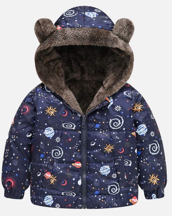 【18M-6Y】Boys Thick Car Space Camo Print Reversible Hooded Fleece Coat