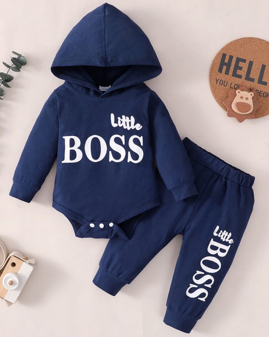 【0M-24M】2-piece Baby Boy Letter Print Long-sleeved Hooded Romper And Pants Set