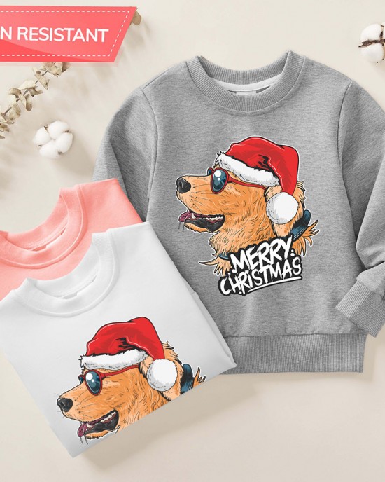 【12M-9Y】Unisex Kids Cotton Stain Resistant Christmas Golden Retriever Dog Print Long Sleeve Sweatshirt