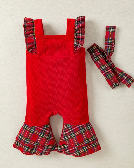 【3M-24M】2-piece Baby Girl Corduroy Christmas Plaid Jumpsuit With Hairband