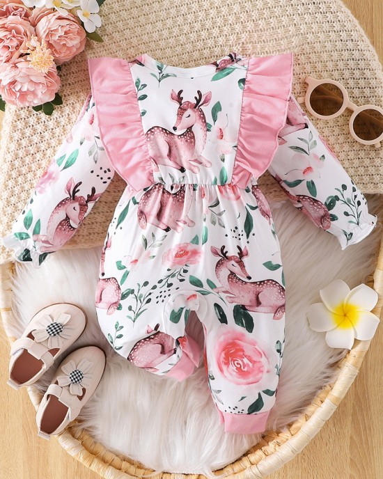 【0M-18M】Baby Girl Fawn Floral Print Long Sleeve Romper