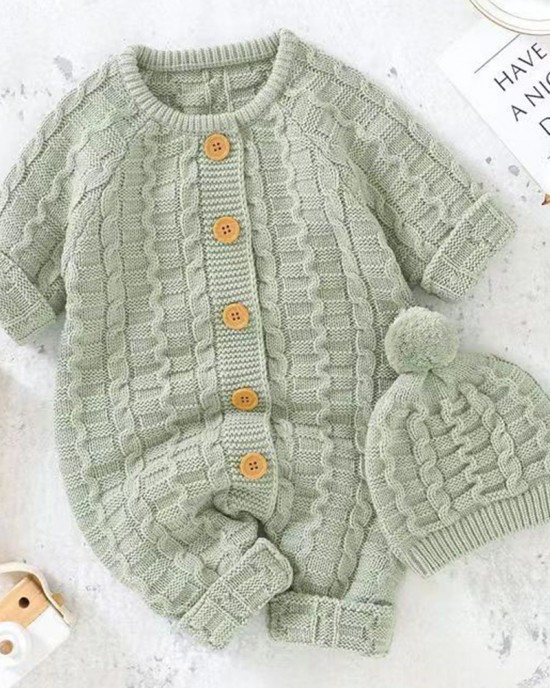 【3M-24M】2-piece Unisex Baby Sweater Romper With Hat