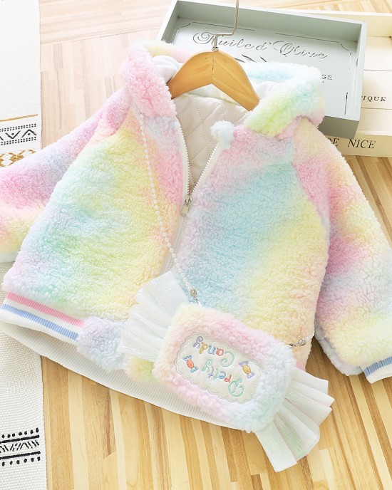 【18M-8Y】2-piece Girls Thick Fleece Gradient Unicorn Hooded Jacket With Bag