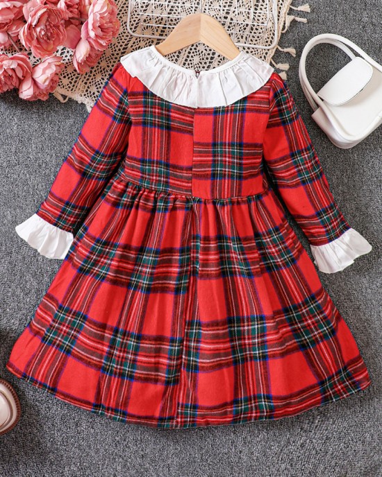 【18M-6Y】Girls Red Plaid Long Sleeve Dress