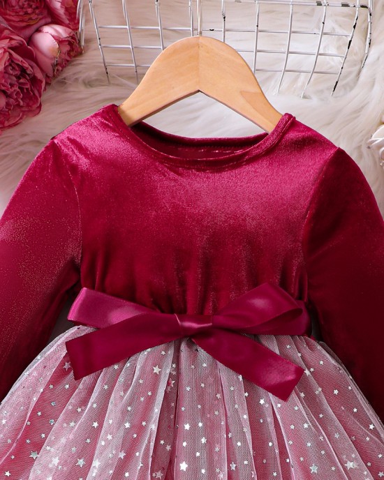 【18M-6Y】Girls Red Velvet Gradient Star Mesh Long Sleeve Dress