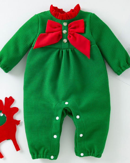 【3M-24M】Baby Girl Christmas Bow Long Sleeve Romper