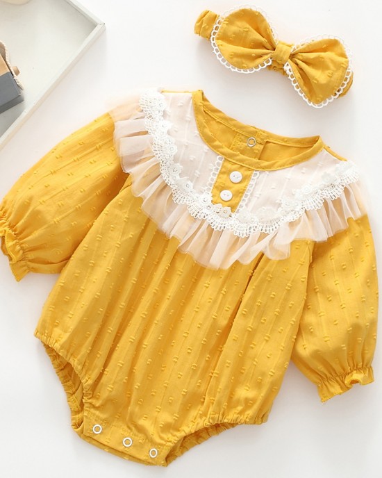 【0M-24M】2-piece Baby Girl Multicolor Cotton Jacquard Long Sleeve Romper With Hairband