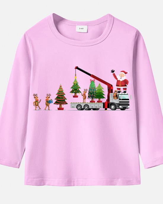 【12M-9Y】Unisex Kids Cotton Stain Resistant Christmas Print Long Sleeve Tee