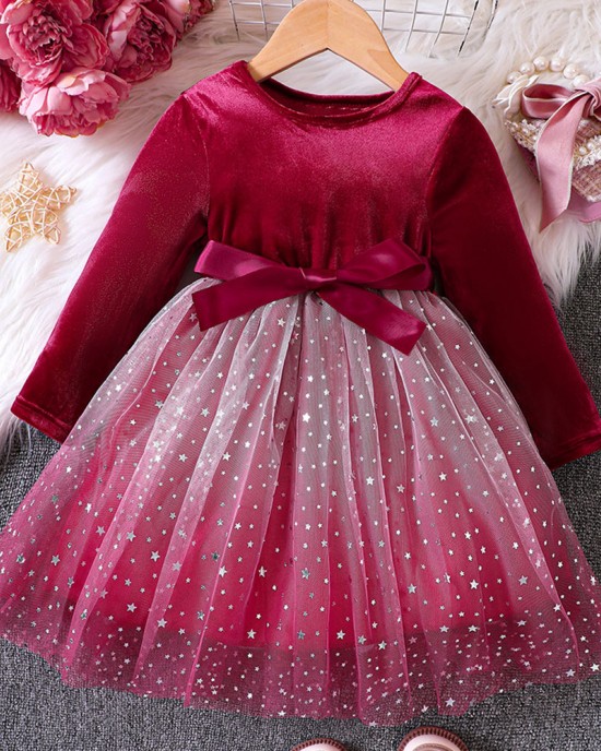 【18M-6Y】Girls Red Velvet Gradient Star Mesh Long Sleeve Dress