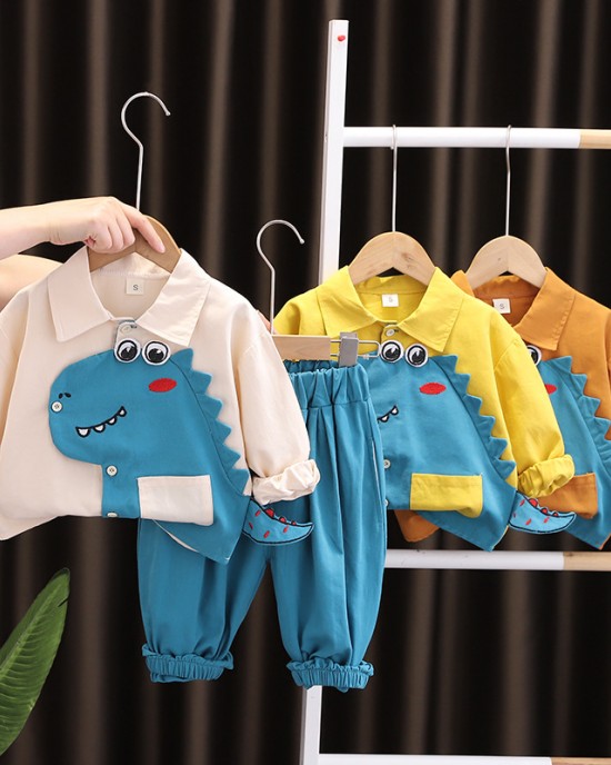 【9M-4Y】2-piece Boys Dinosaur Embroidered Long Sleeve Shirt And Pants Set