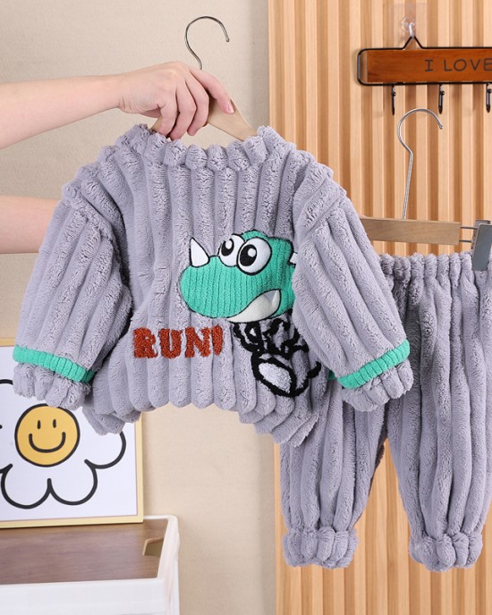 【9M-4Y】2-piece Boys Thick Flannel Dinosaur Embroidered Pajama Set