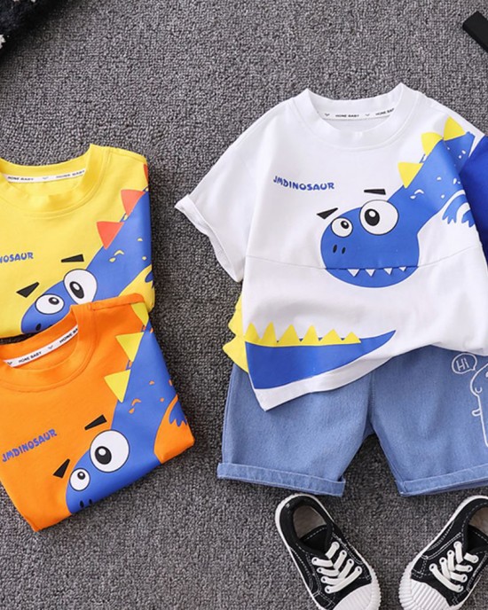 【9M-4Y】2-piece Boys Dinosaurs Print Short-sleeved T-shirt And Denim Shorts Set