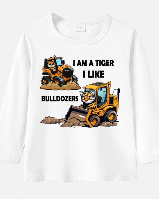 【12M-9Y】Boy Cotton Stain Resistant Bulldozer Print Long Sleeve Tee